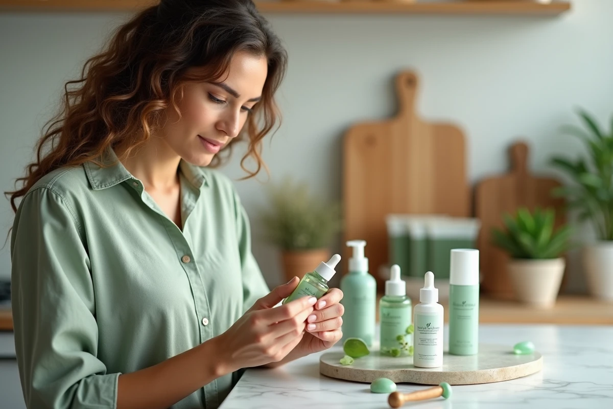 Femme inspectant des produits de soin de la peau et un roller en jade sur un comptoir moderne, routine beauté naturelle