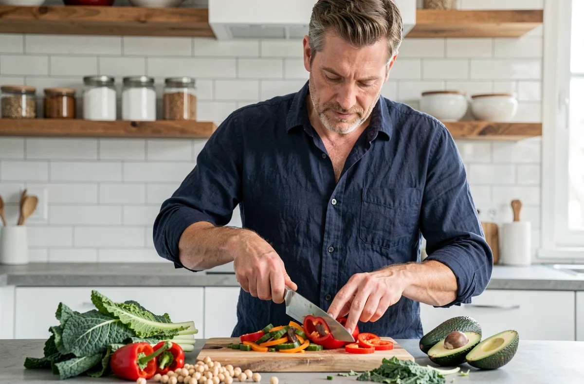 Homme préparant un bol de légumes frais dans une cuisine moderne pour une alimentation saine et équilibrée au quotidien