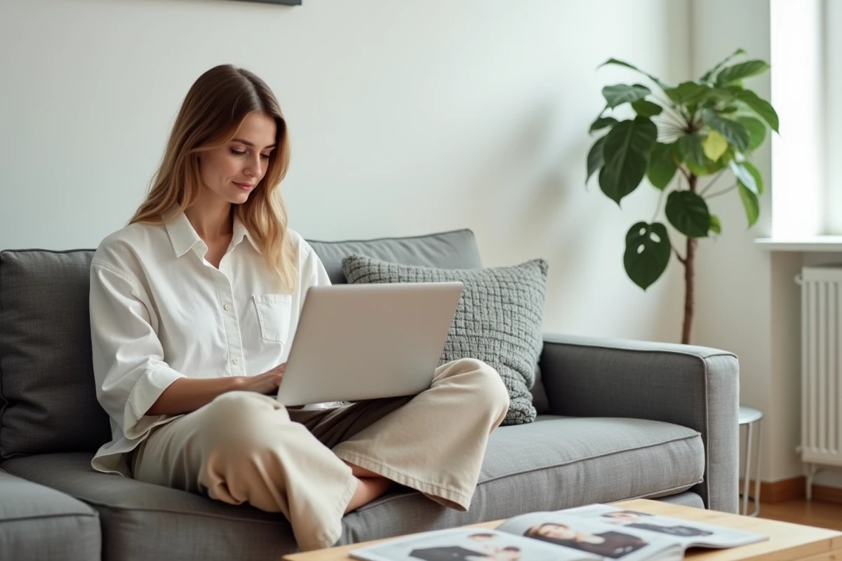 Jeune femme naviguant sur une boutique en ligne moderne comme alternative au catalogue Quelle sur son ordinateur portable