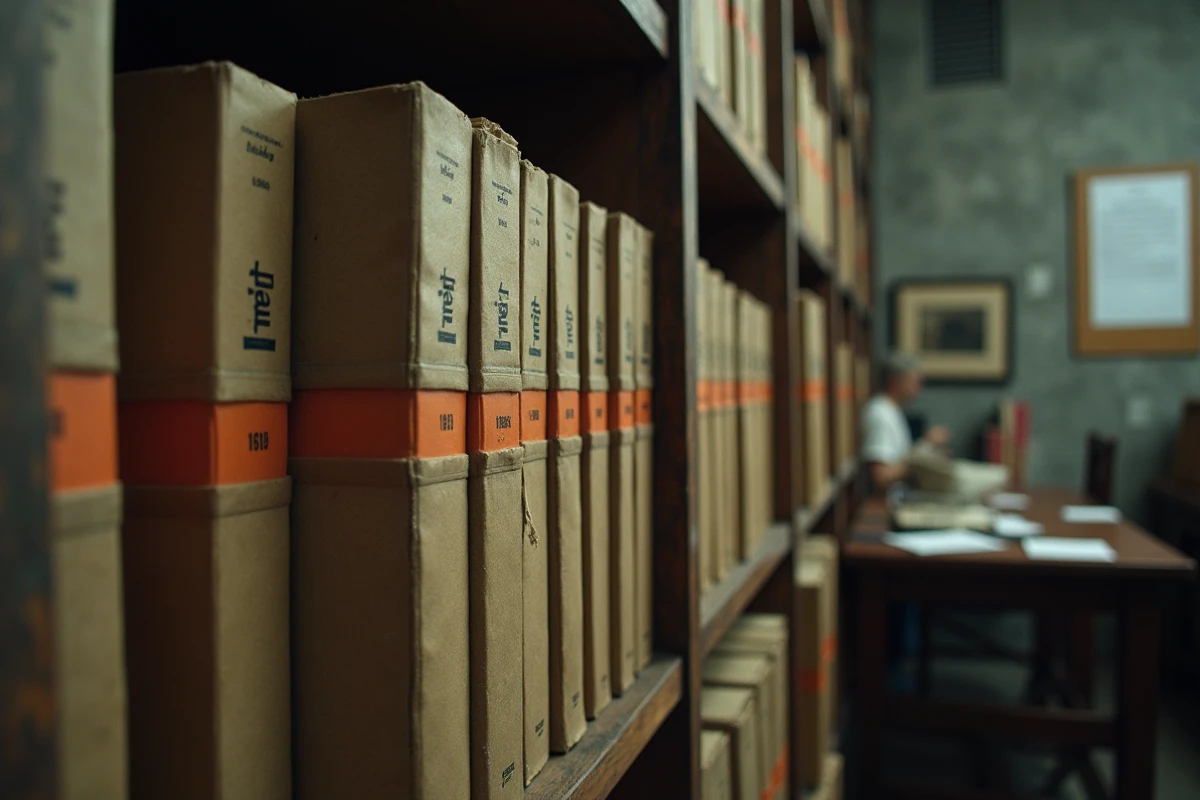 Rangée de catalogues Quelle anciens classés sur une étagère d'archives couvrant plusieurs décennies