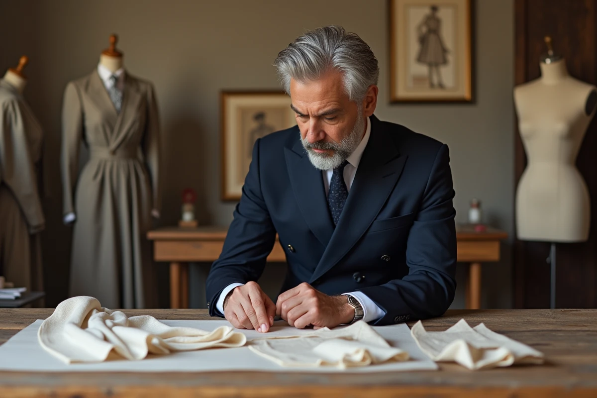 Directeur artistique examinant des échantillons de tissus dans un atelier de haute couture, symbolisant la concurrence entre grandes maisons de luxe