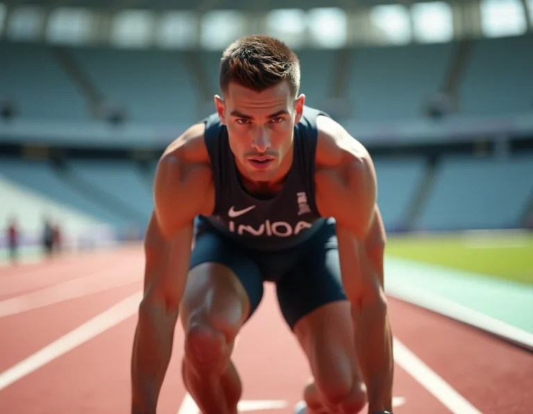 Athlète professionnel masculin en position de départ sur une piste d'athlétisme dans un stade olympique