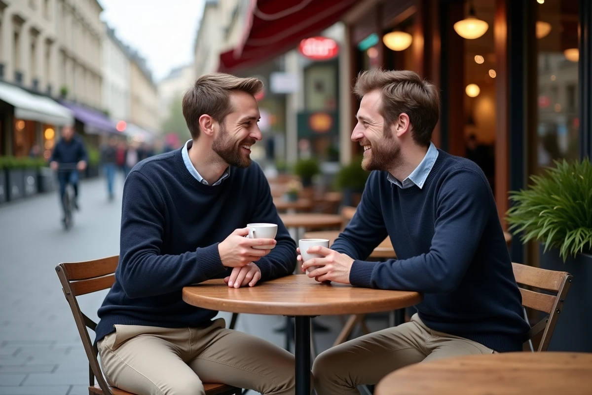 Homme et Kristina Mladenovic riant au café parisien