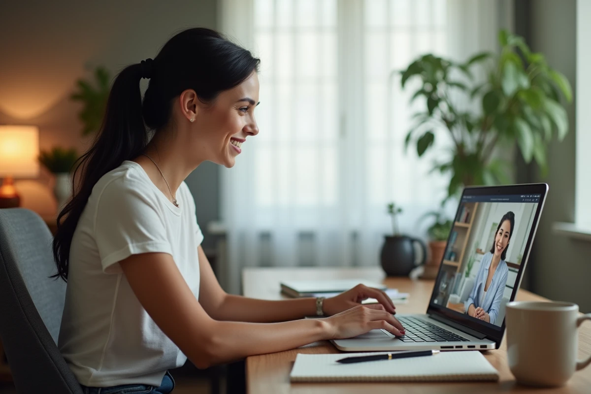 Femme regardant du contenu Canal Plus gratuitement sur un ordinateur portable à son bureau