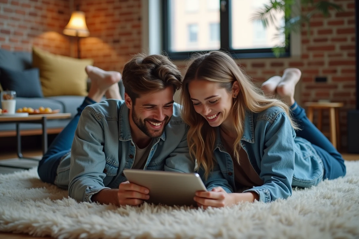 Deux amis regardant Canal Plus gratuitement sur une tablette dans un appartement moderne