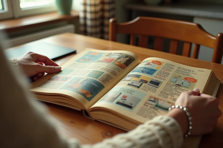 Femme feuilletant un ancien catalogue de vente par correspondance Quelle dans une cuisine rétro des années 80