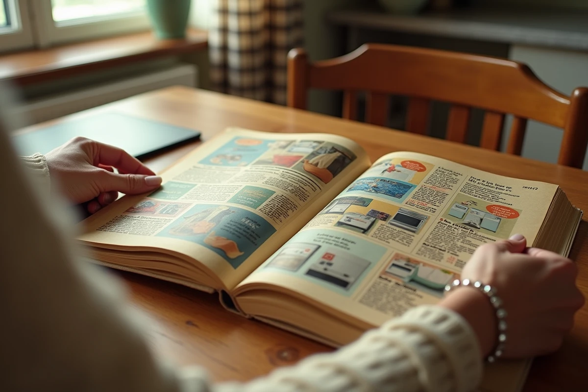 Femme feuilletant un ancien catalogue de vente par correspondance Quelle dans une cuisine rétro des années 80