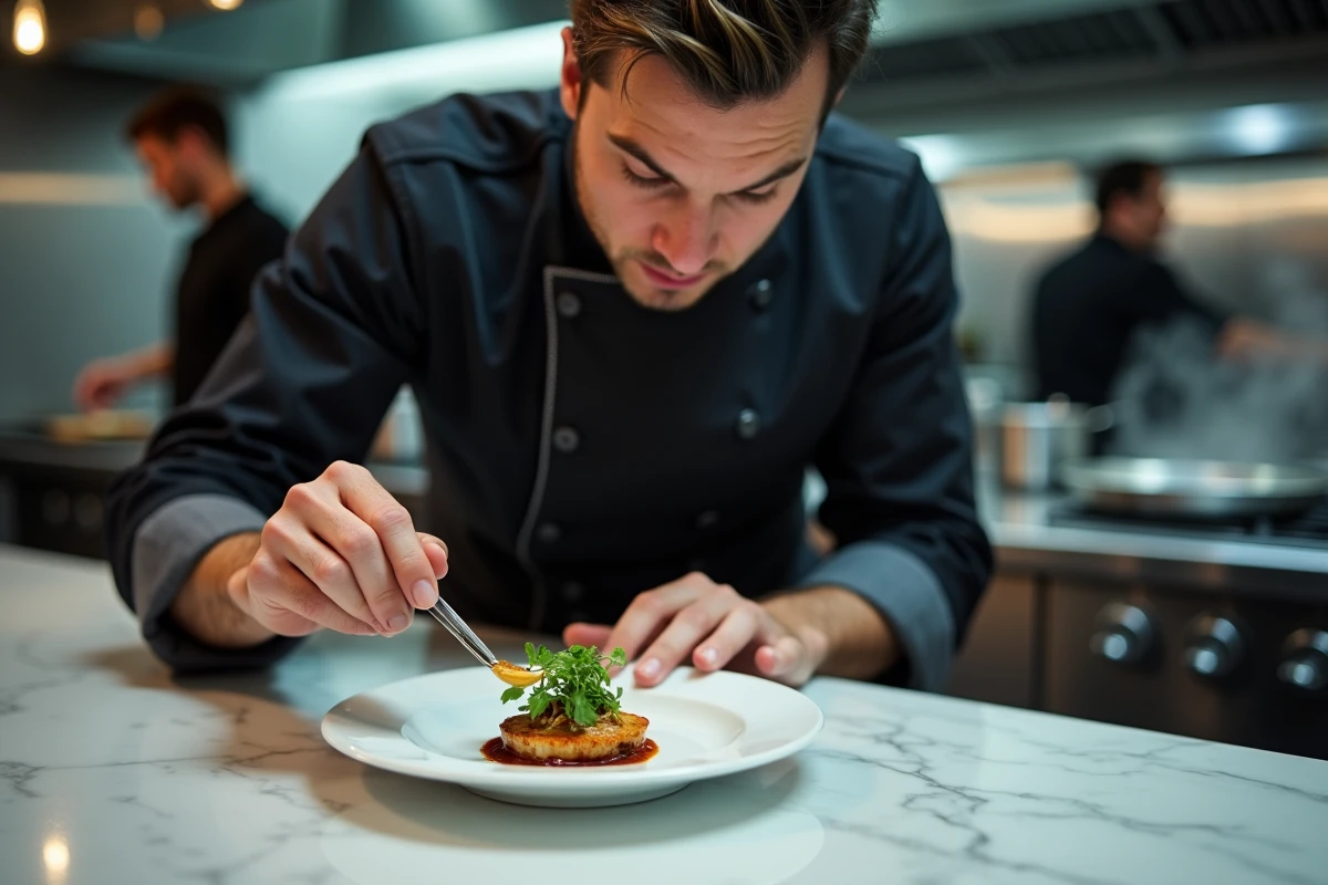 Chef cuisinier dressant une assiette gastronomique avec des pincettes dans une cuisine professionnelle