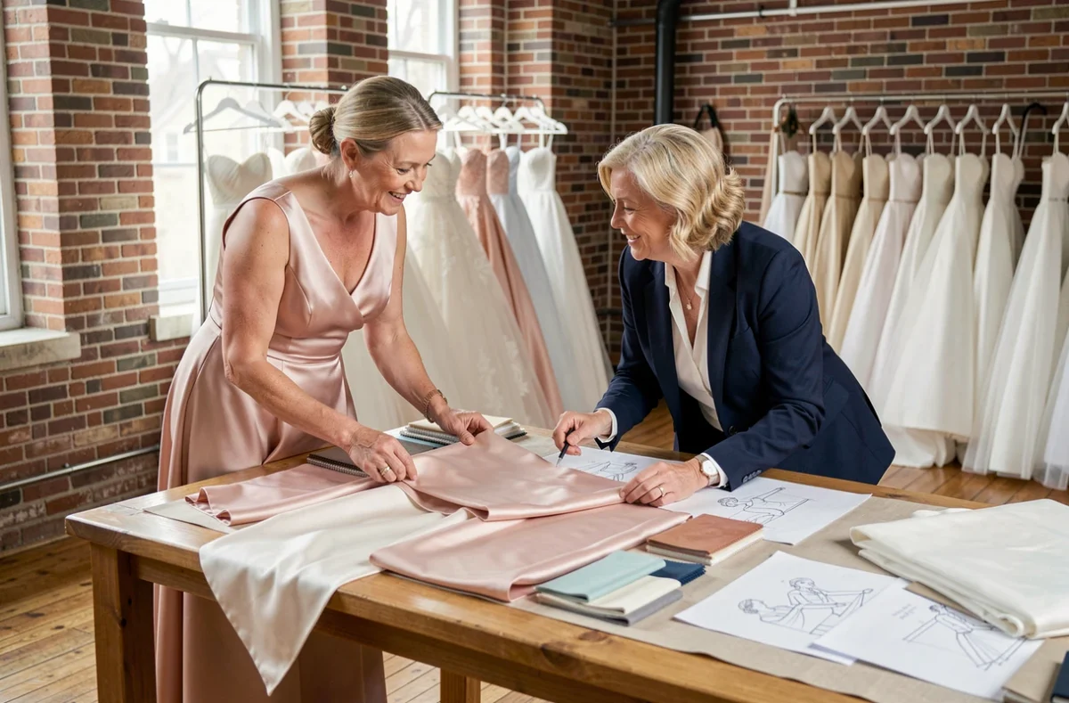 Deux femmes de 60 ans consultant des échantillons de tissu pour choisir une robe de mariée dans un atelier de couture