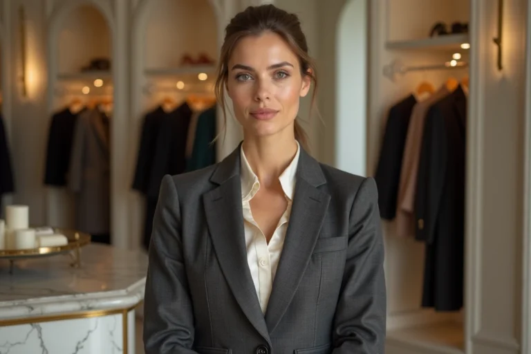 Femme élégante dans une boutique de haute couture parisienne, illustrant l'univers du luxe et de la mode haut de gamme face à LVMH