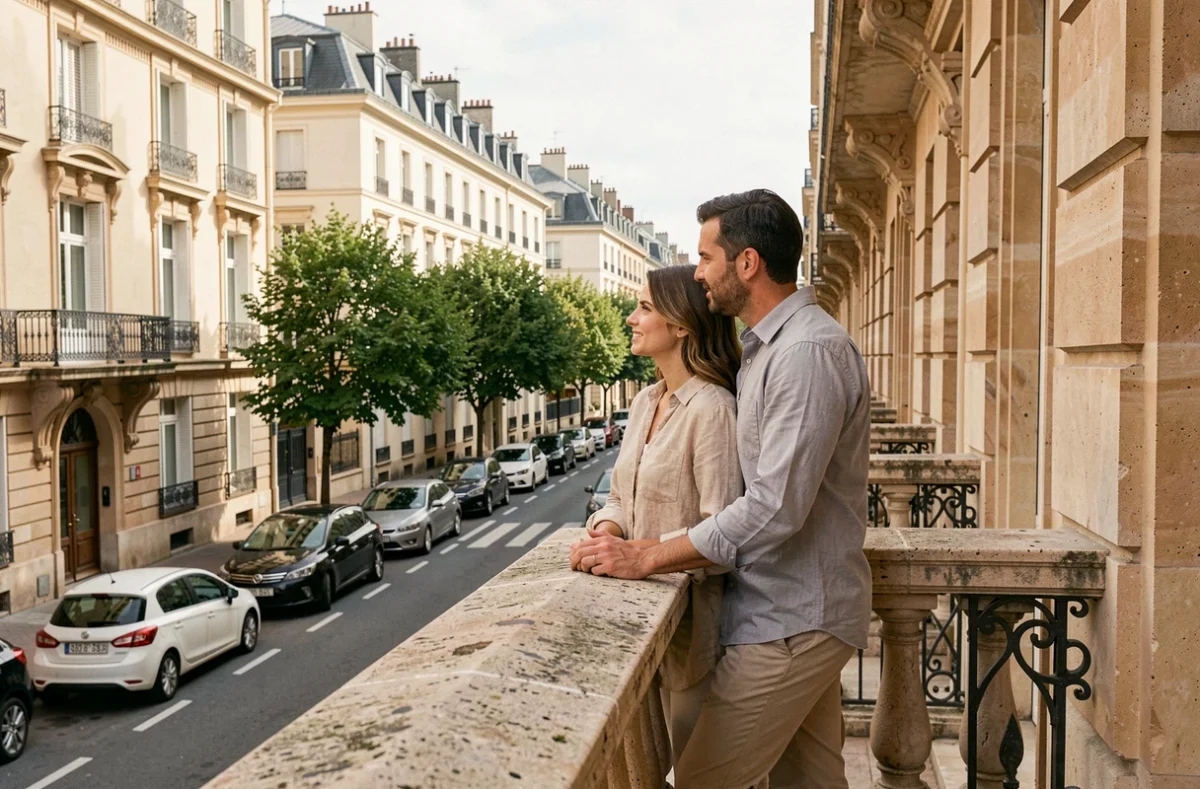 Couple d'investisseurs immobiliers sur le balcon d'un appartement haussmannien à Lyon