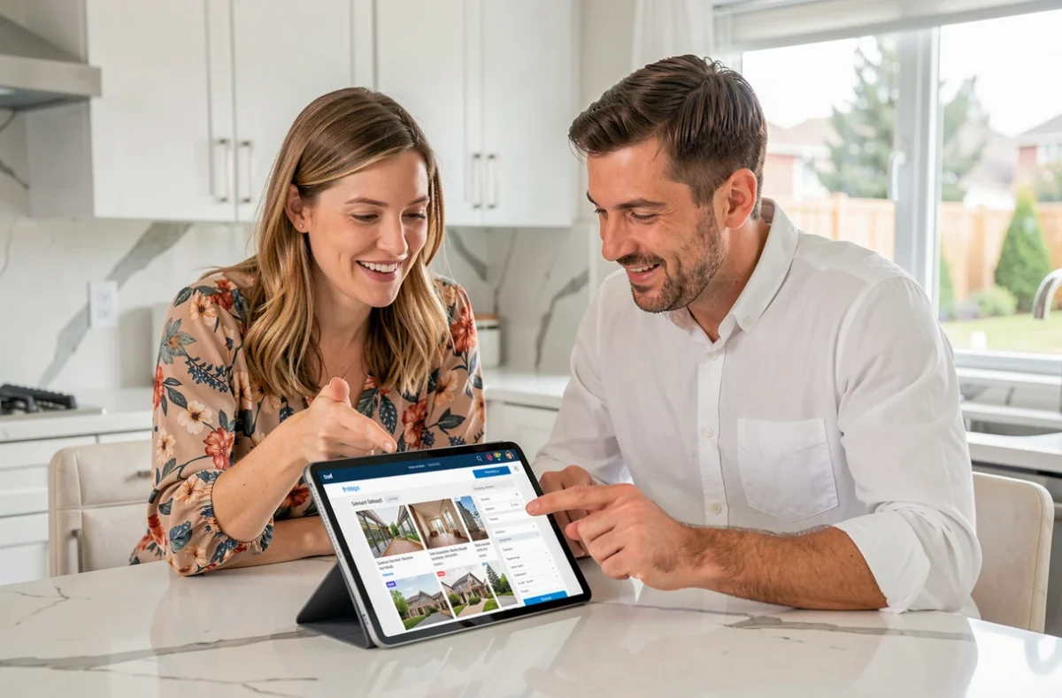 Couple recherchant un appartement ensemble sur une tablette via une plateforme immobilière spécialisée