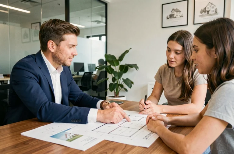 Courtier en financement immobilier conseillant un couple sur leurs documents de projet dans un bureau moderne