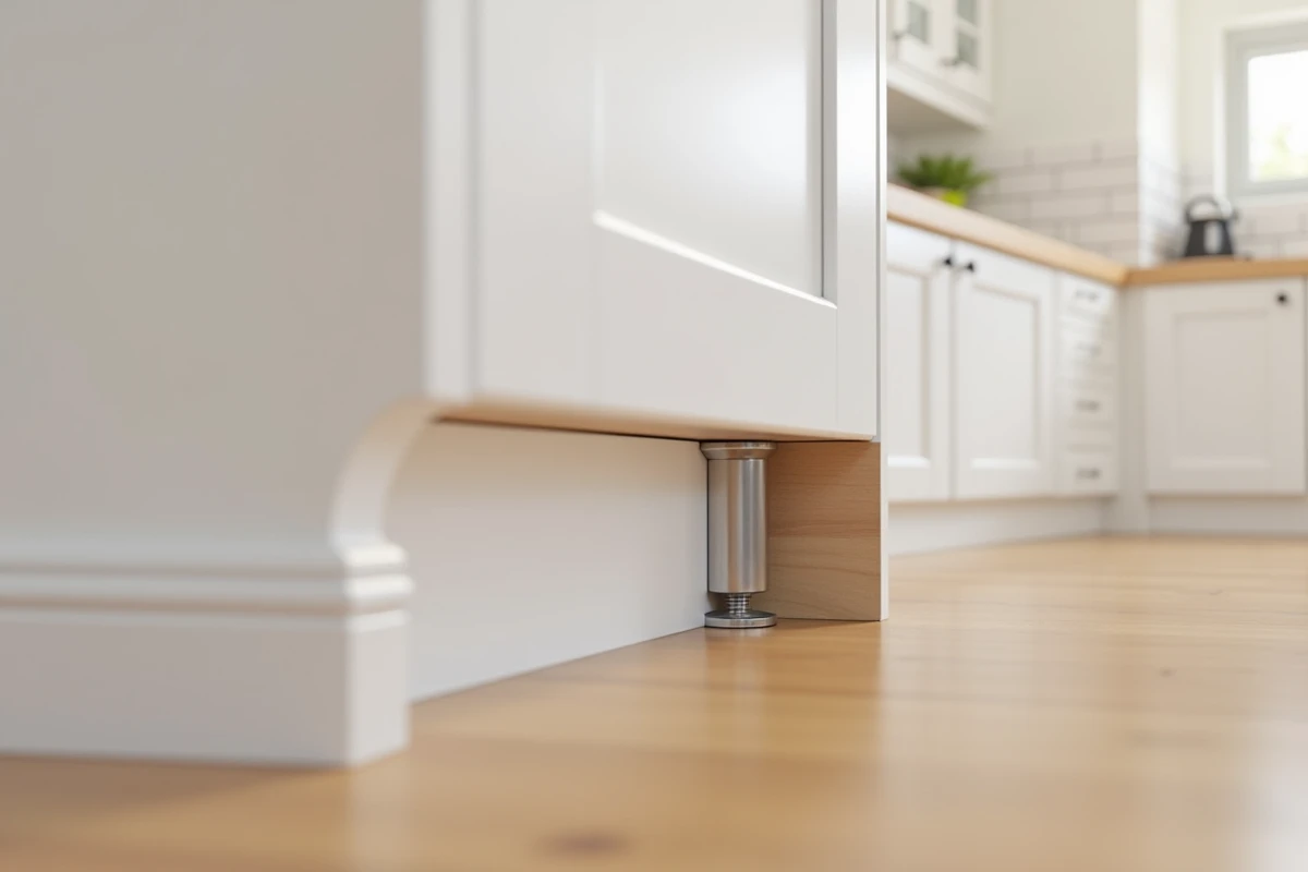 Détail de la fixation d'un meuble de cuisine contre un mur avec plinthe grâce à une cale d'espacement et un pied réglable