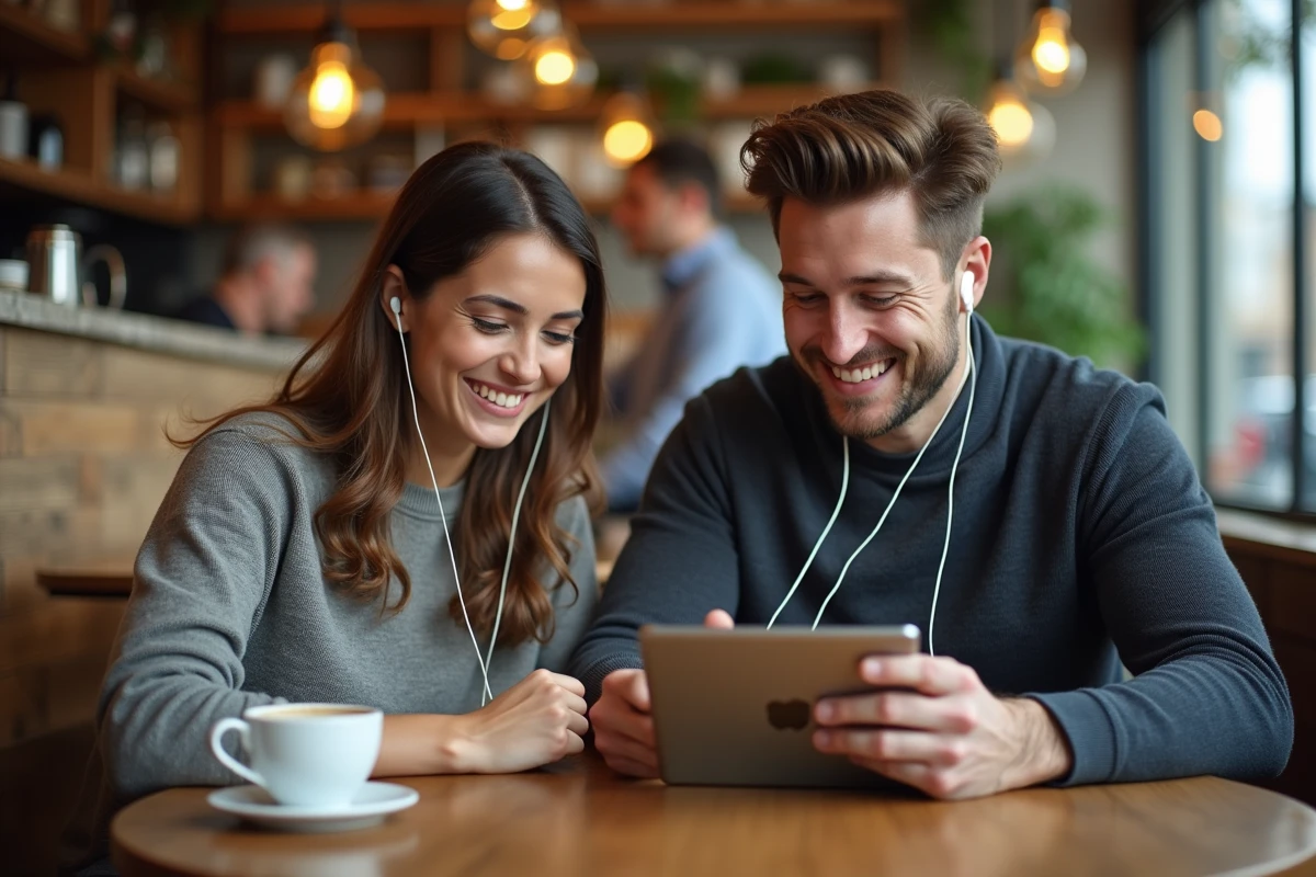 Deux personnes partageant un appel en ligne depuis un café urbain avec une tablette