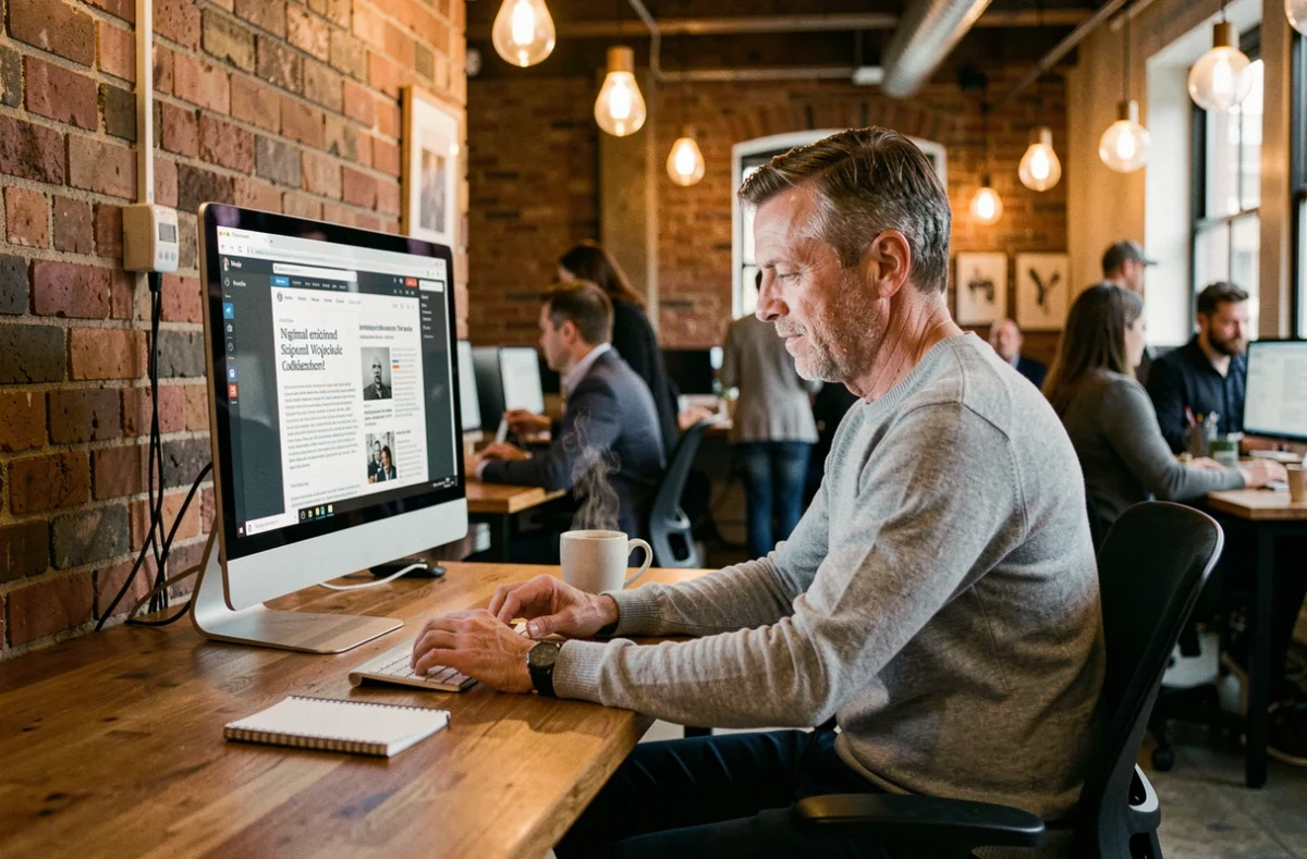 Entrepreneur lisant l'actualité juridique 2024 sur un ordinateur dans un espace de co-working urbain