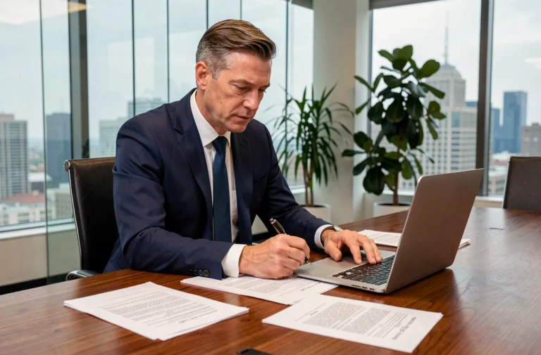 Entrepreneur en costume marine examinant des documents juridiques dans une salle de réunion moderne en 2024