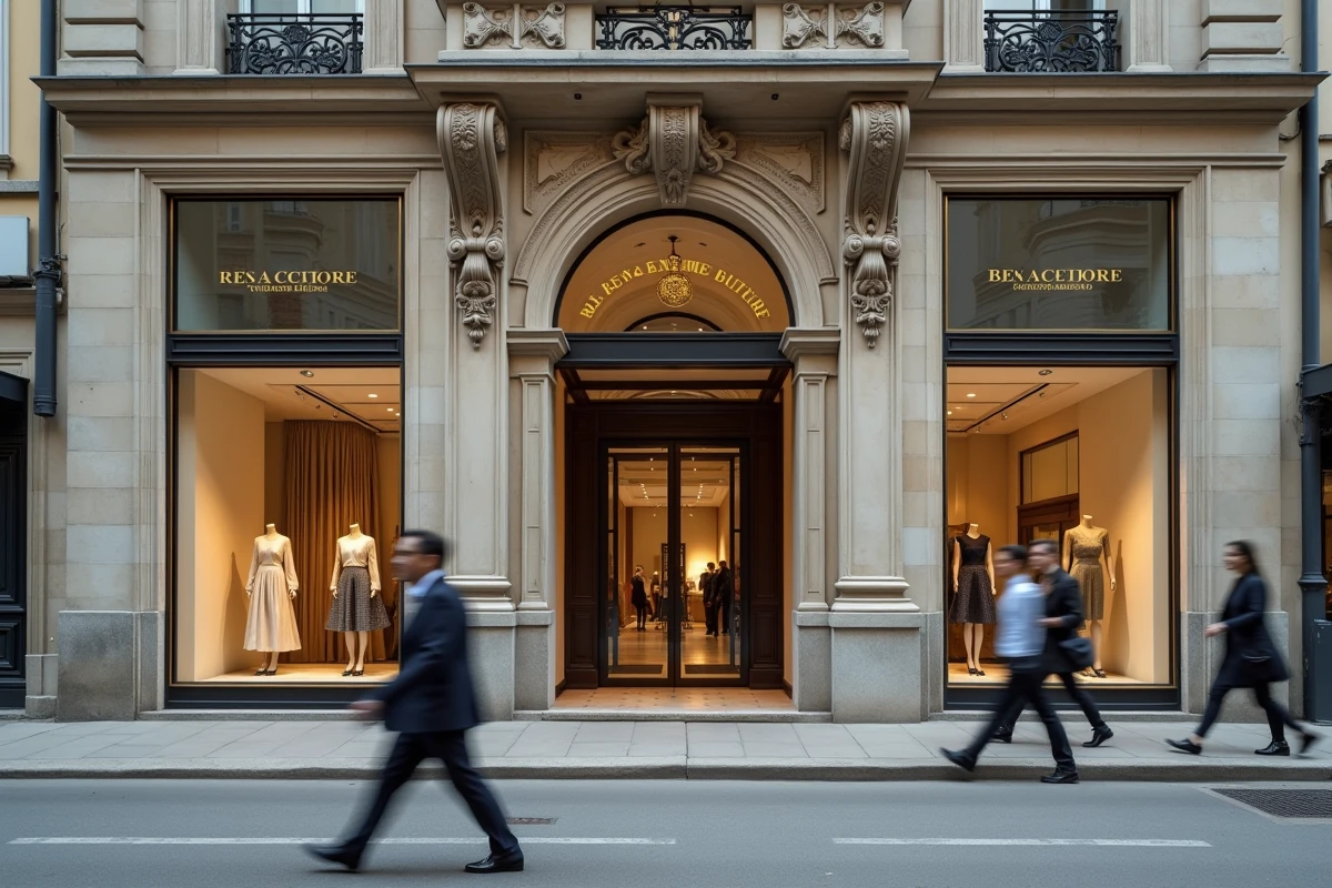 Façade d'une grande maison de haute couture européenne sur un boulevard prestigieux, représentant la rivalité des géants du luxe face à LVMH