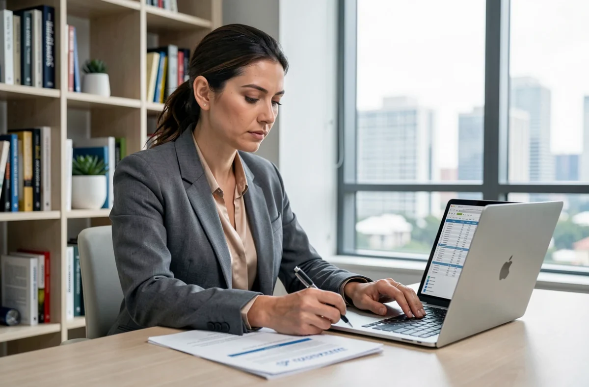 Femme d'affaires analysant un dossier de financement immobilier dans son bureau à domicile