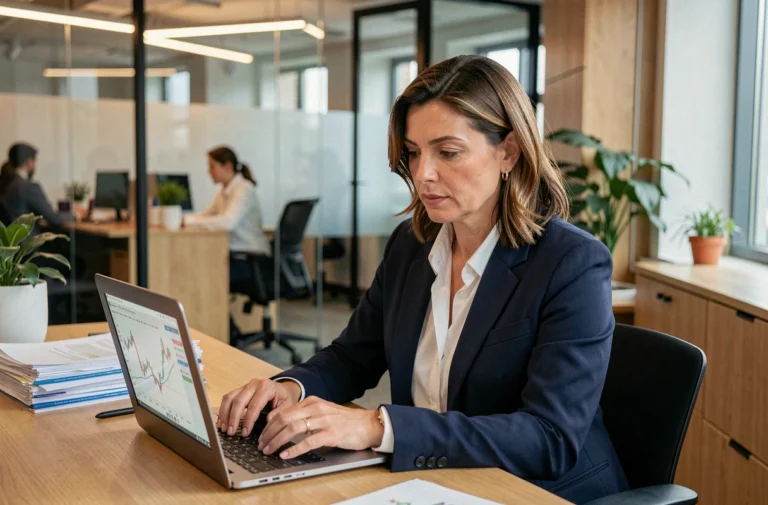 Femme d'affaires analysant des graphiques financiers sur un ordinateur portable dans un bureau moderne