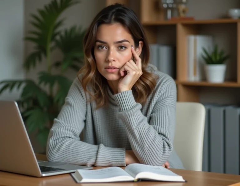 Femme analysant une plateforme en ligne sur son ordinateur portable dans un bureau à domicile moderne, cherchant des alternatives fiables