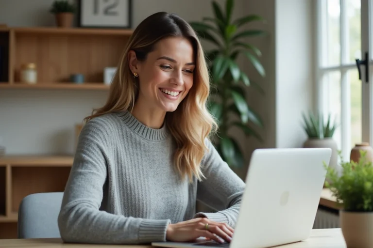 Femme utilisant un service d'appel en ligne depuis son bureau à domicile lors d'une conversation vidéo