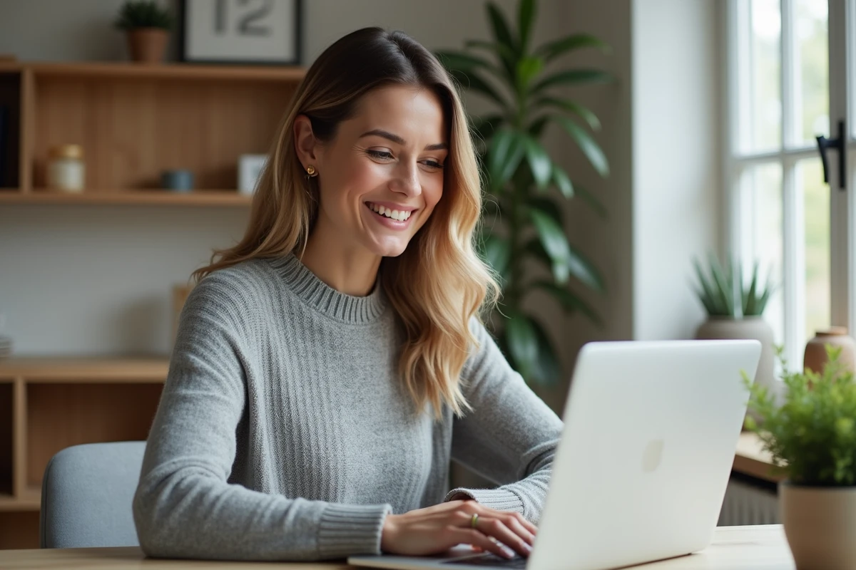 Femme utilisant un service d'appel en ligne depuis son bureau à domicile lors d'une conversation vidéo