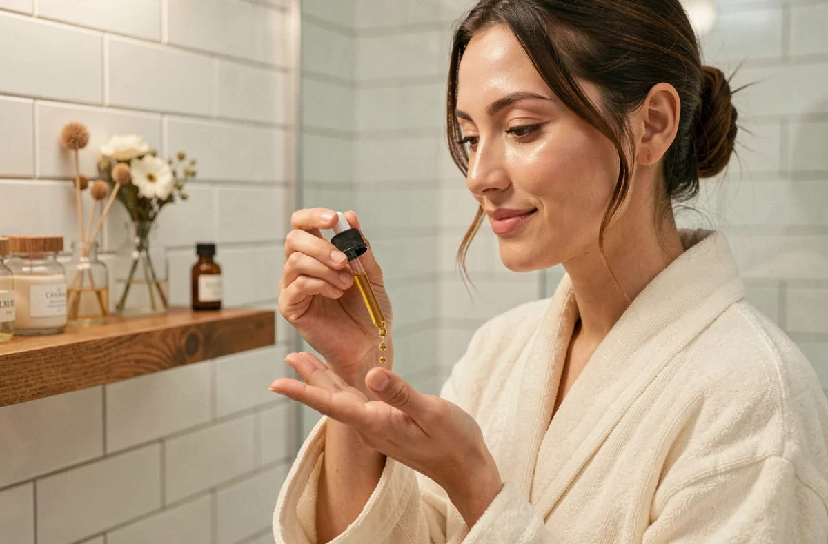 Femme appliquant une huile végétale naturelle sur la peau du visage dans une salle de bain épurée