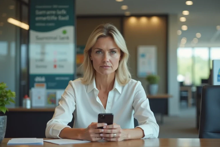 Femme d'âge moyen dans une banque avec smartphone