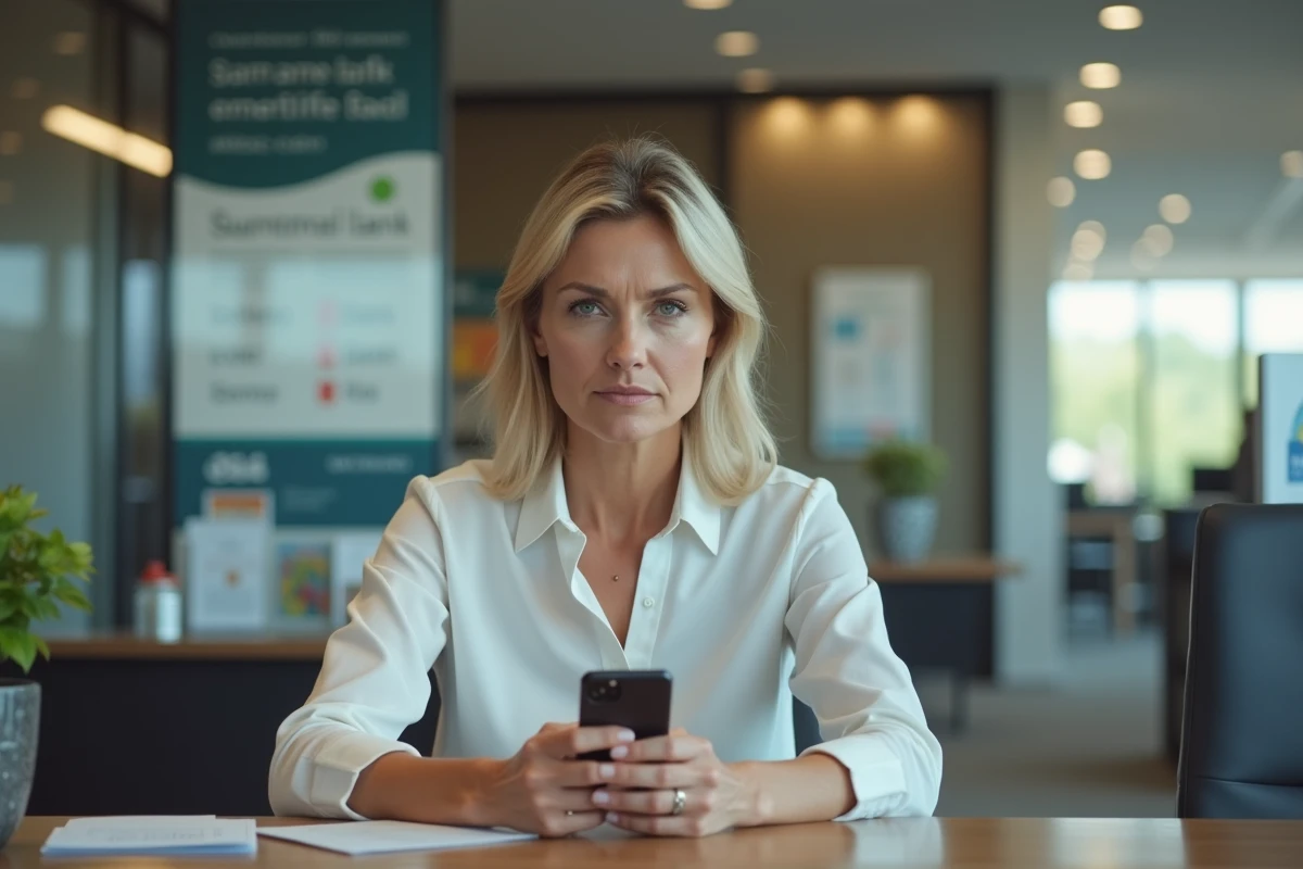 Femme d'âge moyen dans une banque avec smartphone