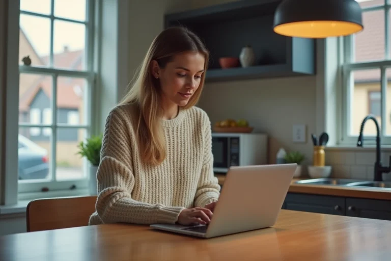 Femme d'une trentaine ans utilisant un ordinateur dans une cuisine moderne