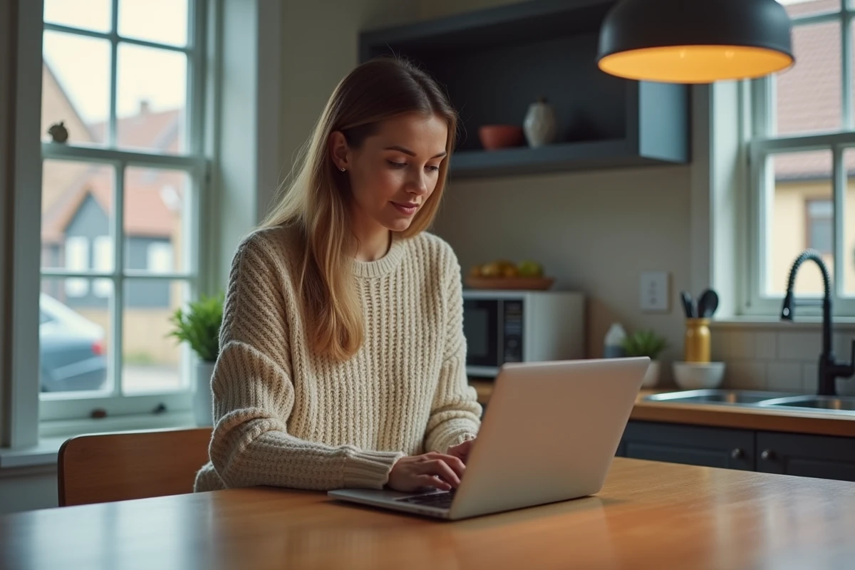 Femme d'une trentaine ans utilisant un ordinateur dans une cuisine moderne