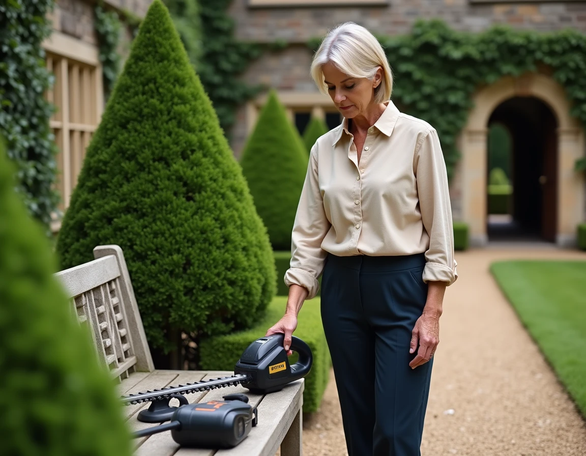 Femme comparant deux taille-haies à batterie sur un banc en pierre dans un jardin formel