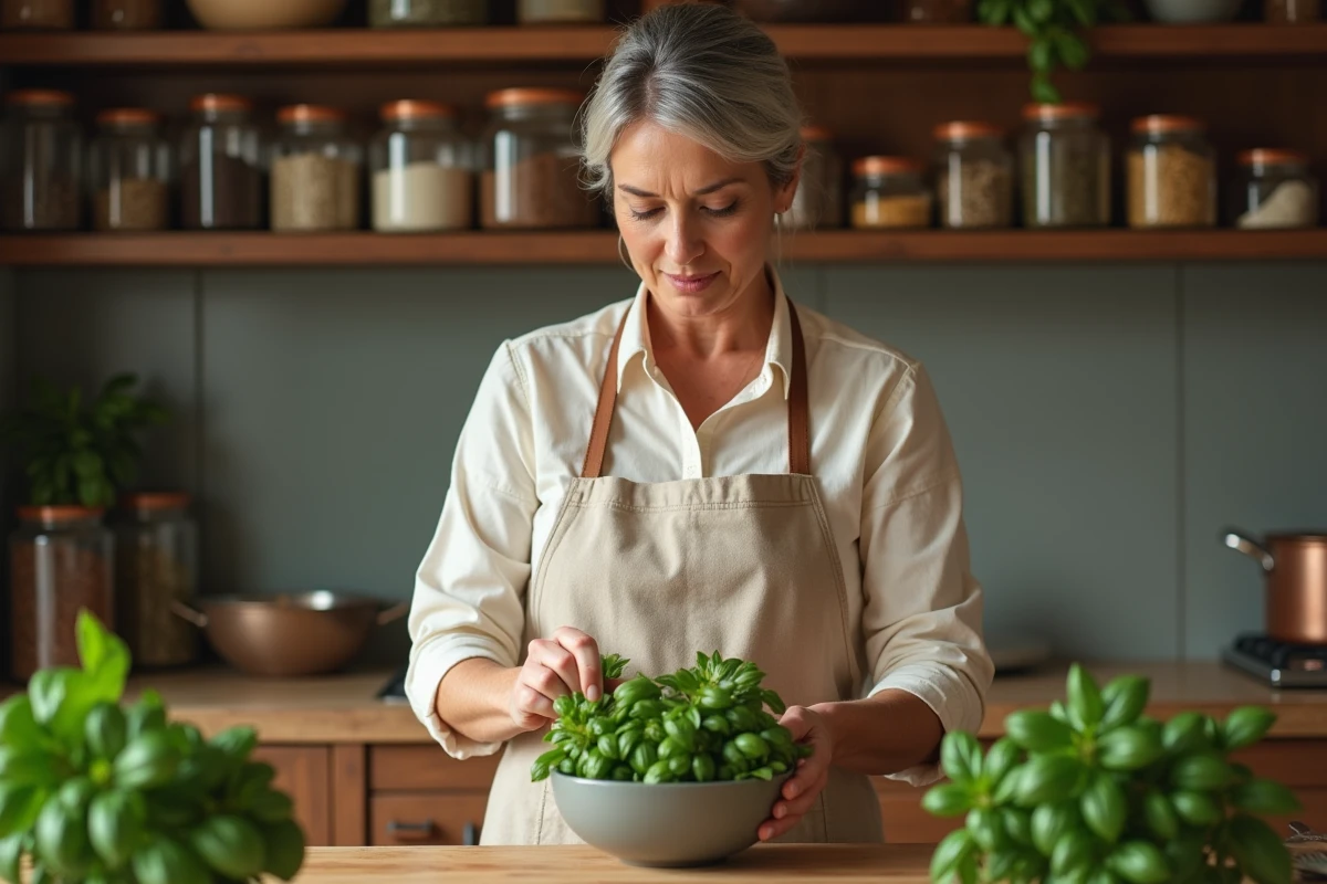 Femme en tablier de lin préparant des herbes fraîches dans une cuisine rustique en bois
