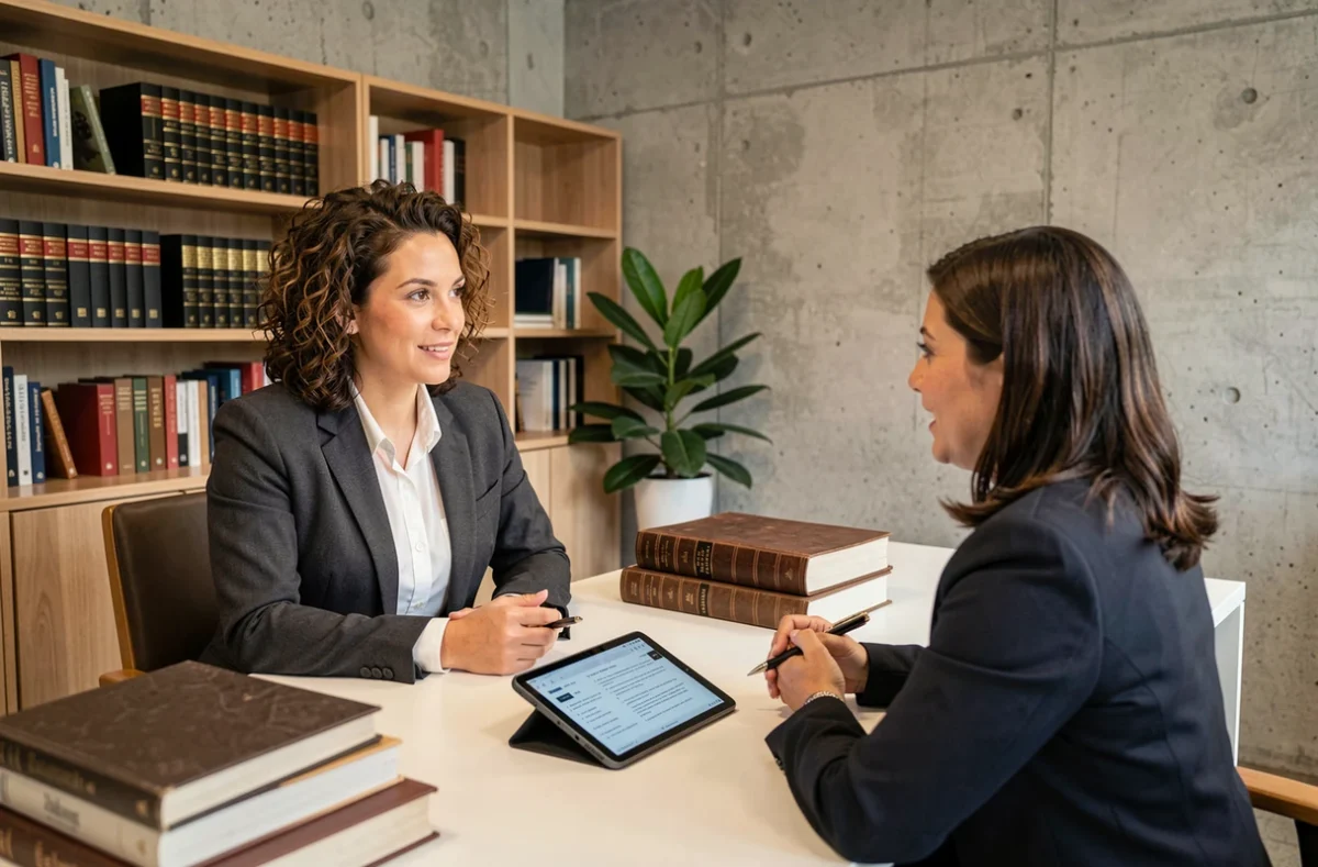 Femme entrepreneuse consultant une avocate dans un bureau juridique contemporain pour des conseils en 2024