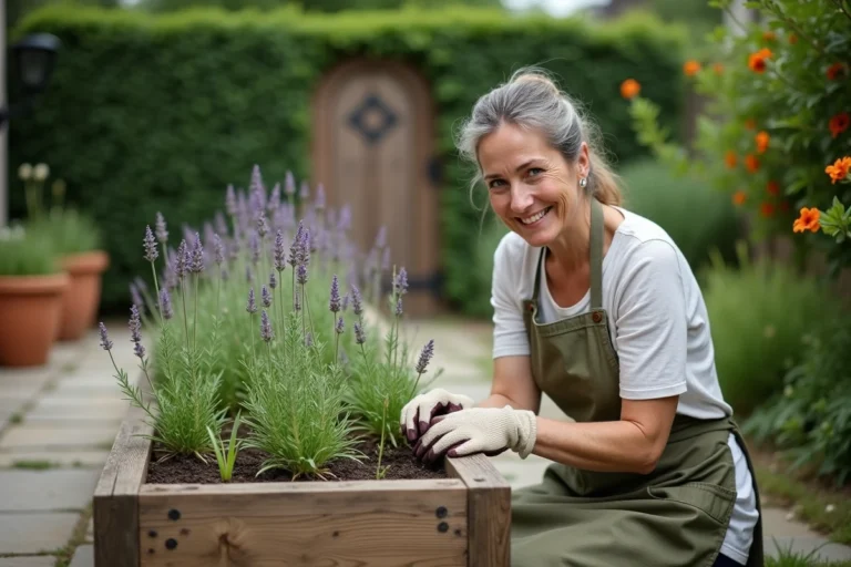 Femme jardinant dans un potager surélevé en bois entouré de lavande et plantes aromatiques dans un jardin privé