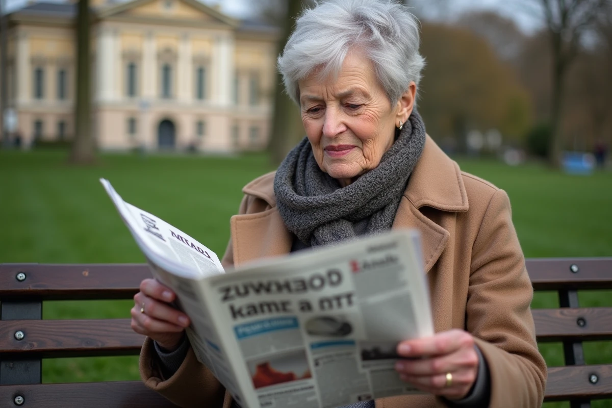 Femme âgée lisant un journal dans un parc européen