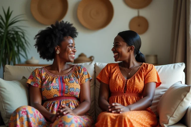 Femme malgache en lambda souriante dans un salon chaleureux