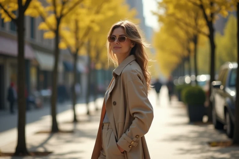 Femme élégante en trench beige dans une ville printanière