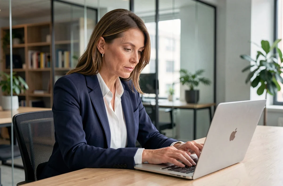 Femme professionnelle rédigeant un mail de changement d'adresse email sur son ordinateur portable dans un bureau moderne