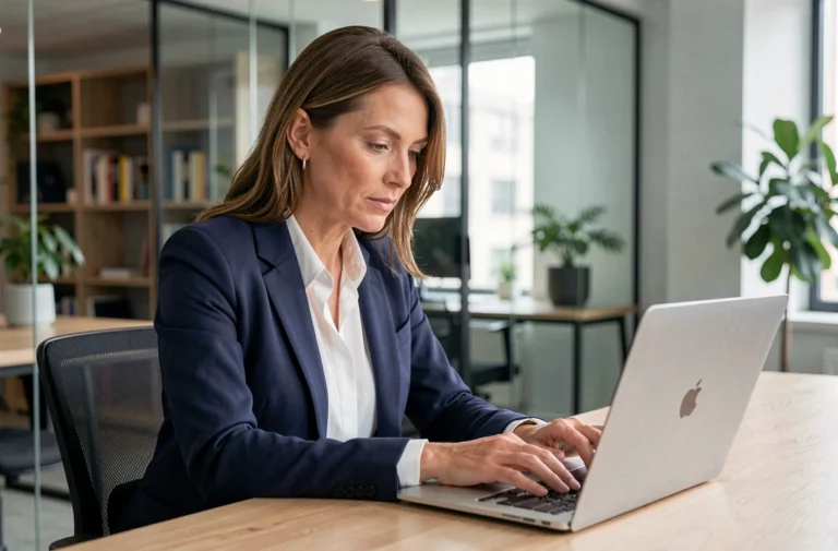 Femme professionnelle rédigeant un mail de changement d'adresse email sur son ordinateur portable dans un bureau moderne