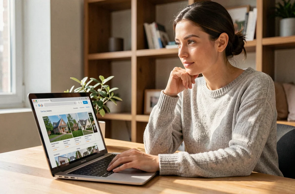 Femme cherchant un bien immobilier sur une plateforme spécialisée depuis son bureau à domicile
