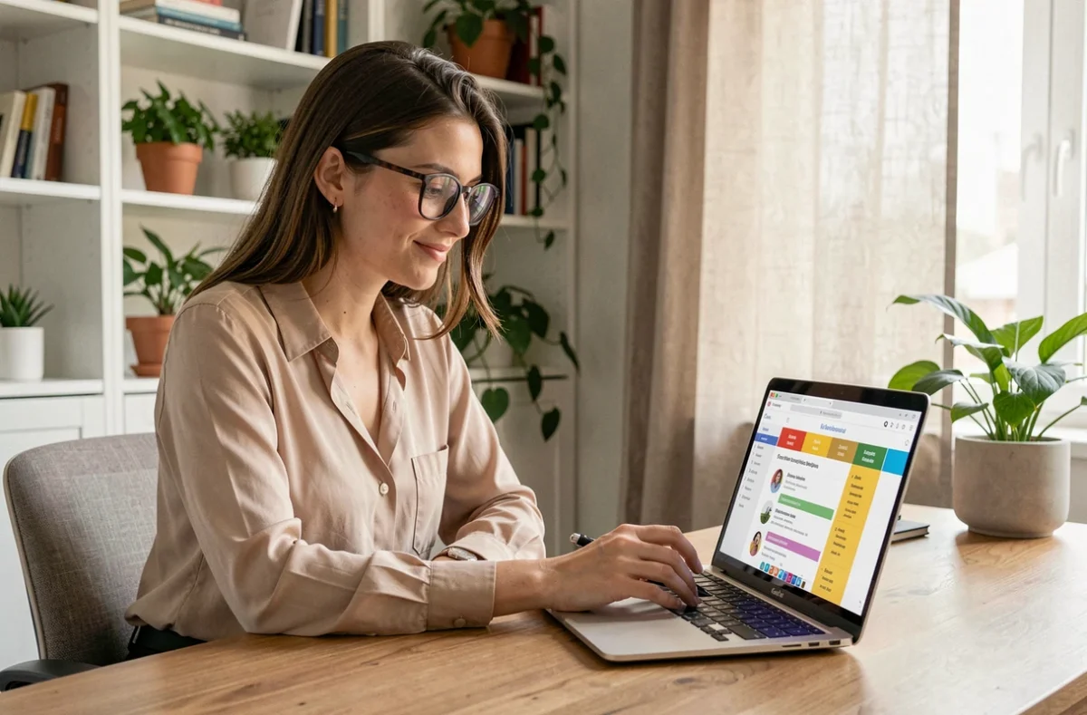 Jeune femme concentrée devant son ordinateur portable utilisant Canva pour rédiger une lettre de motivation professionnelle dans un bureau à domicile moderne