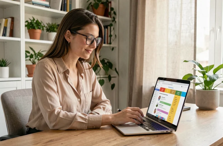 Jeune femme concentrée devant son ordinateur portable utilisant Canva pour rédiger une lettre de motivation professionnelle dans un bureau à domicile moderne