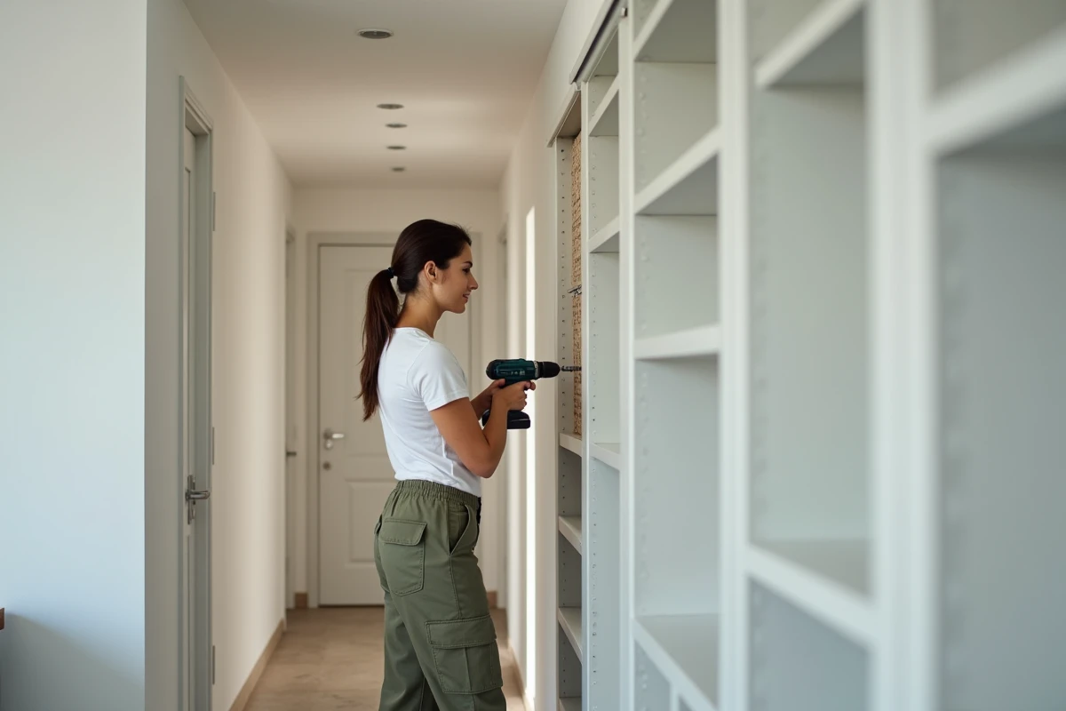 Femme fixant un support en L derrière une bibliothèque au mur avec plinthe dans un couloir moderne