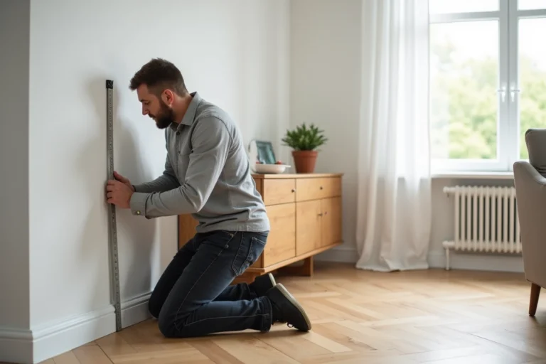 Homme mesurant l'espace entre une plinthe et le mur avant de fixer un meuble en bois dans un salon scandinave