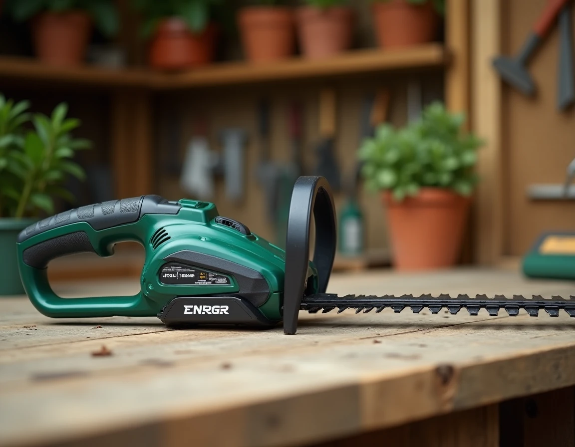 Gros plan d'un taille-haie à batterie posé sur un établi en bois dans un abri de jardin