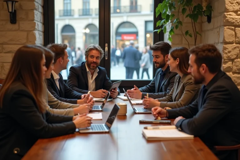 Groupe de personnes discutant dans un café européen élégant