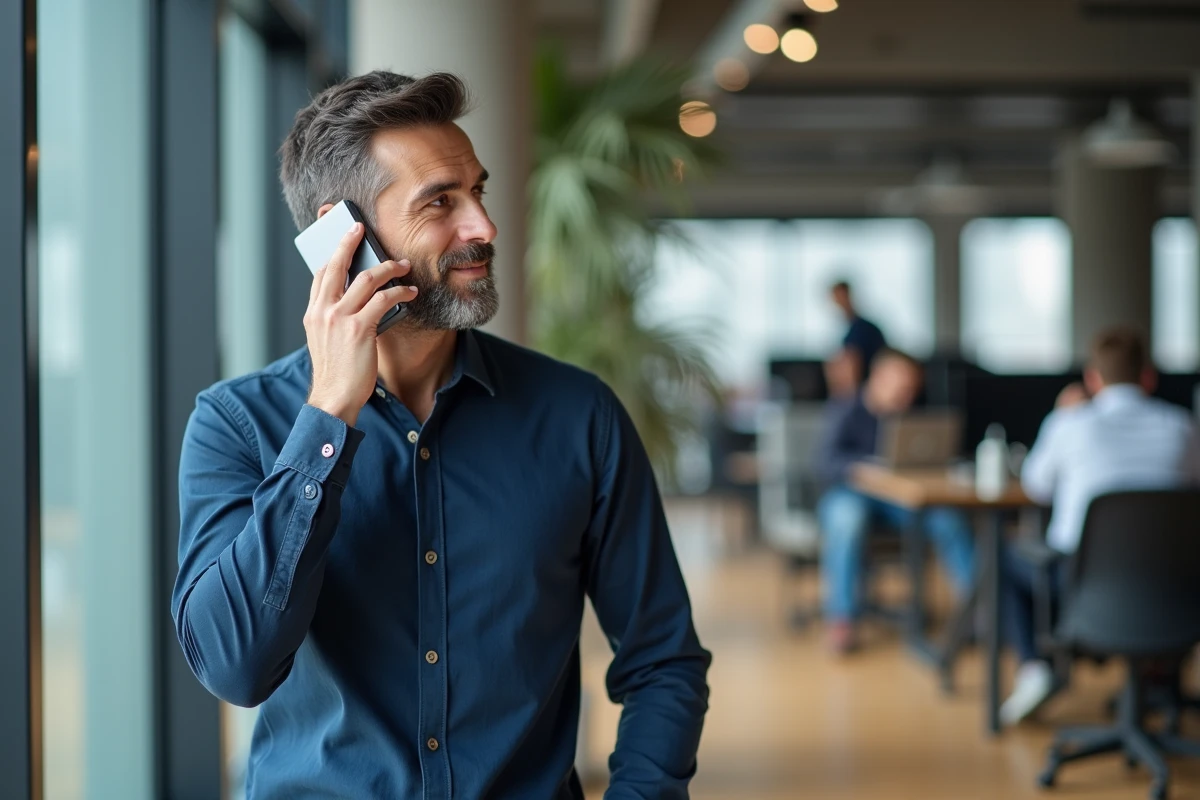 Homme en entreprise passant un appel téléphonique en ligne dans un bureau moderne