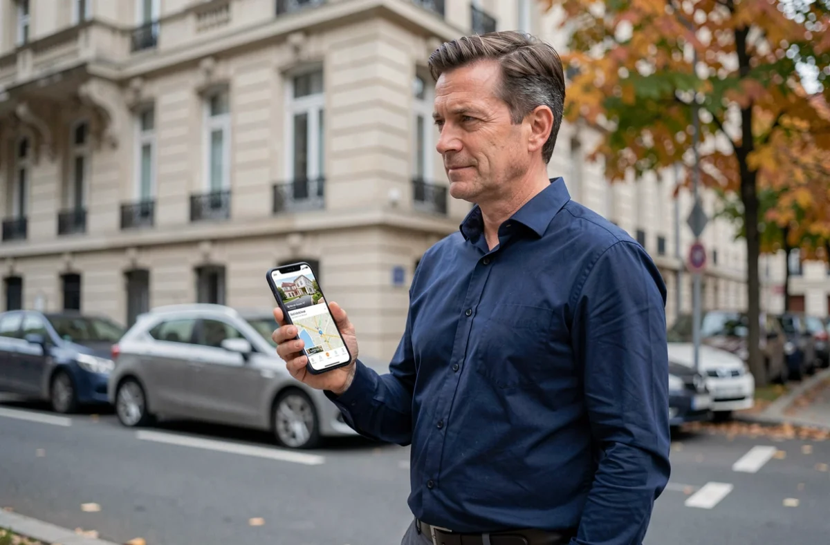 Homme consultant une application immobilière sur smartphone devant un immeuble résidentiel en ville